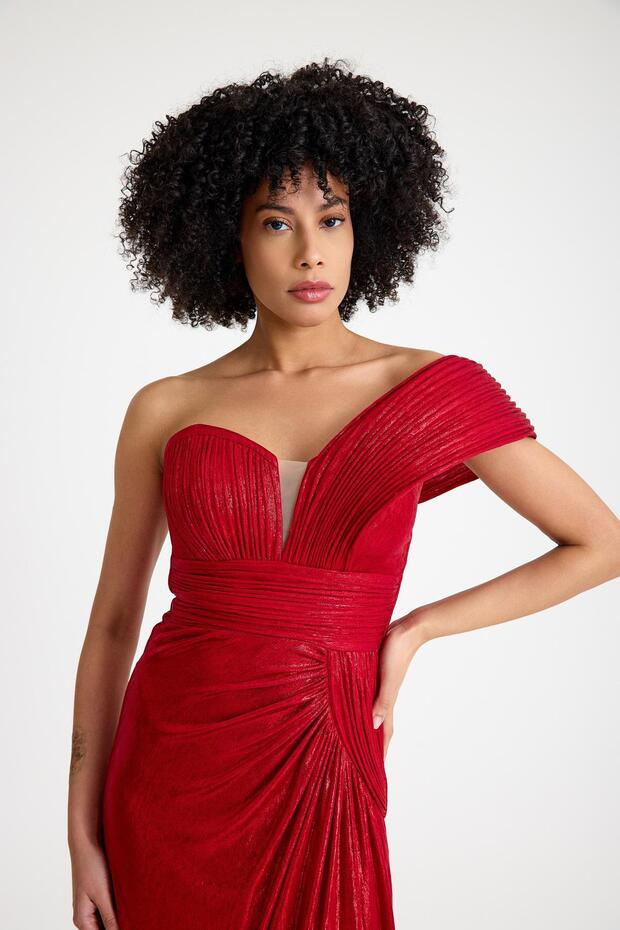 6019SIM TEK OMUZ SİMLİ LAME ELBİSE - 4