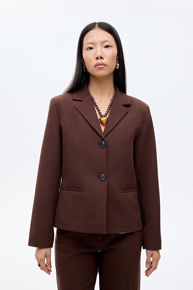 Double Button Blazer Jacket Brown - 1