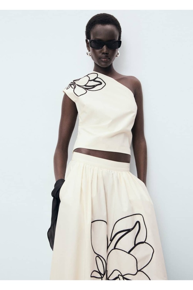 Çiçek işlemeli asimetrik bluz - 1