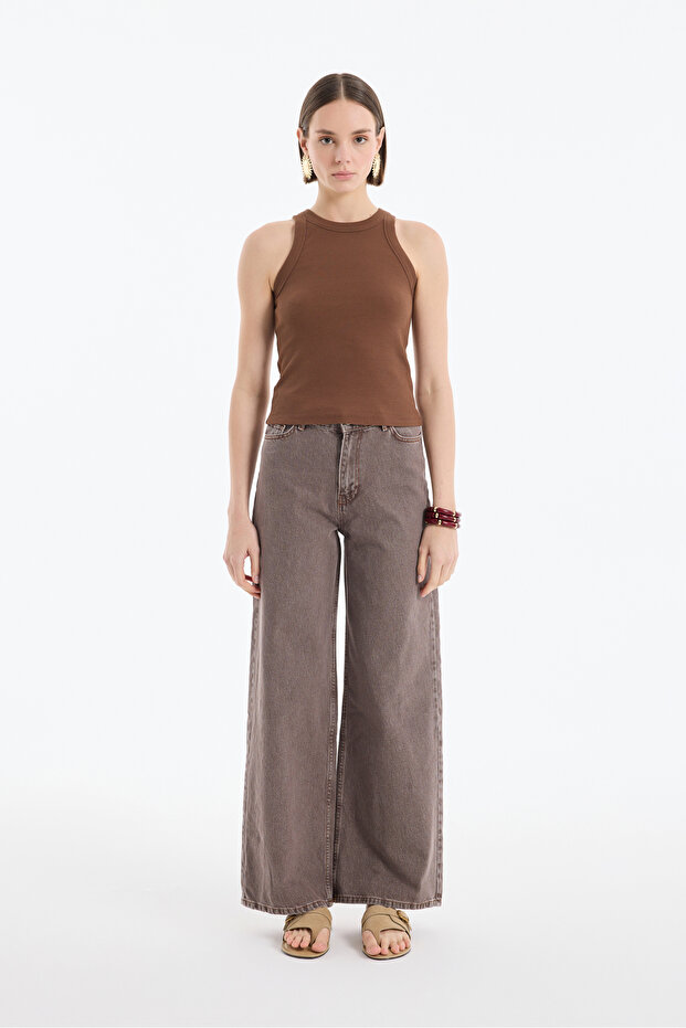 Decolteu Halter Basic Ribbed Tank Top Maro - 4