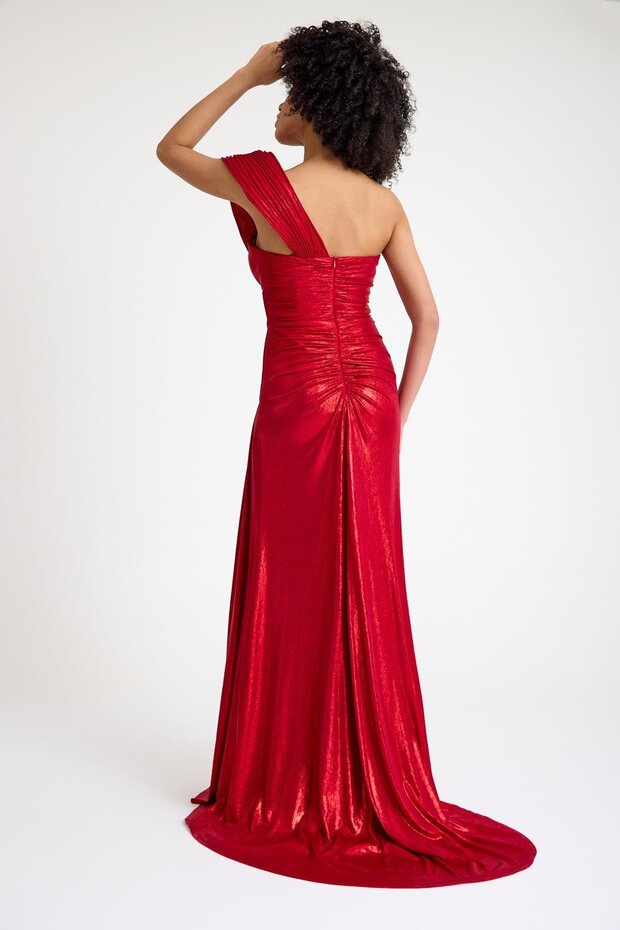 6019SIM TEK OMUZ SİMLİ LAME ELBİSE - 6