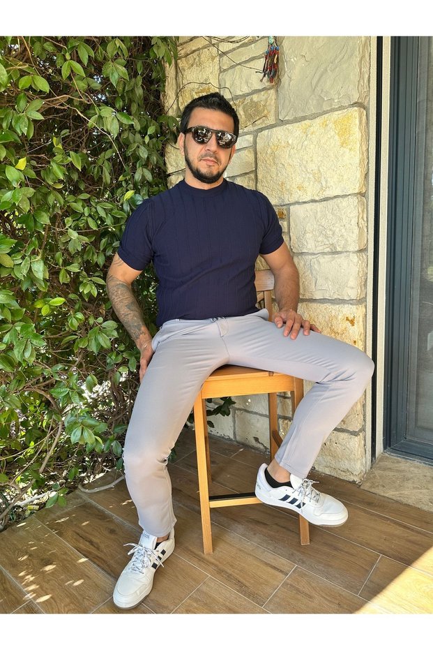 Men's Jogger Pants Light Gray Italian Cut, Elastic Waistband with Belt, High Quality