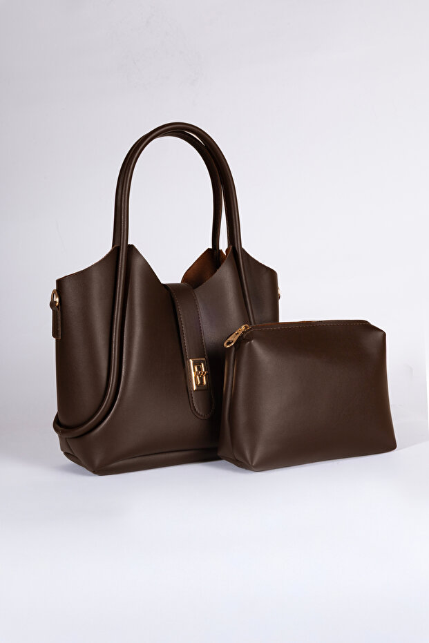 Women's Brown Lock Detailed Set of 2 Hand Shoulder Bag and Makeup Bag