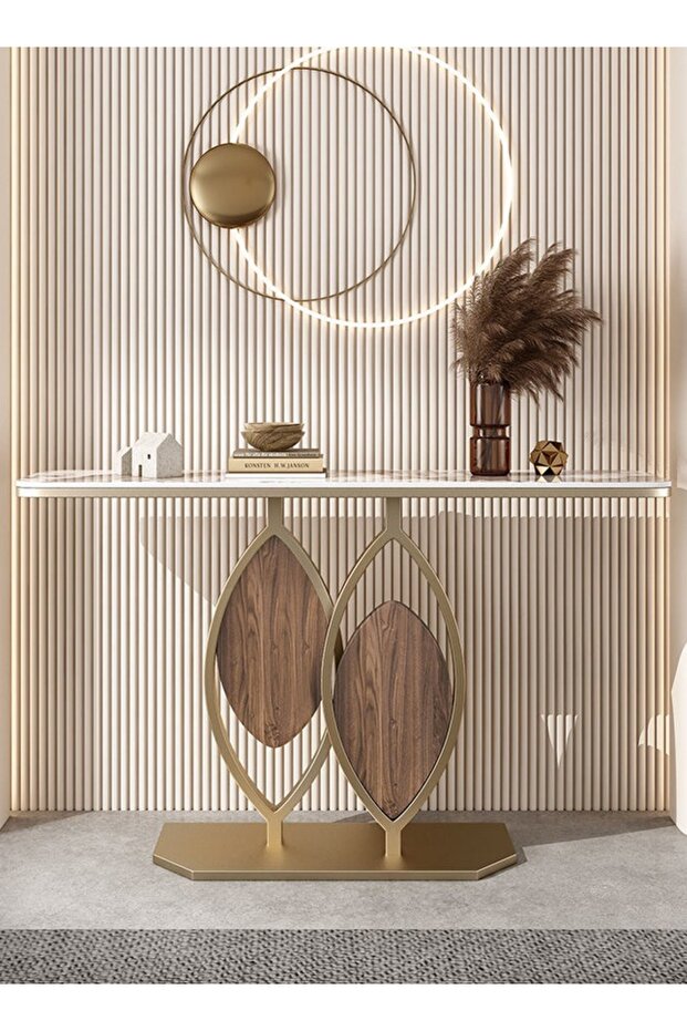 طاولة كونسول بتصميم عصري مقاومة للصدأ من الحجر الأبيض المنحني، سطح طاولة مدخل من الحجر المسحوق - 2