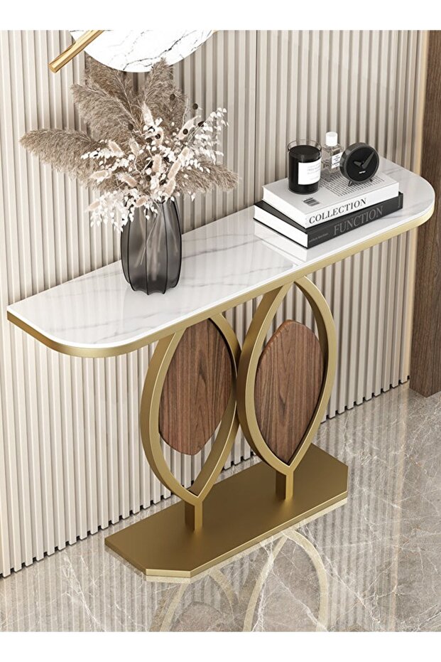 طاولة كونسول بتصميم عصري مقاومة للصدأ من الحجر الأبيض المنحني، سطح طاولة مدخل من الحجر المسحوق - 4