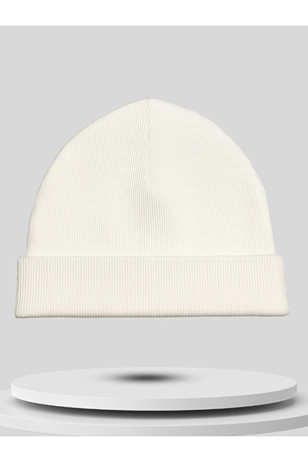 Unisex Krem Renk Basic Katlamalı Bere - 1