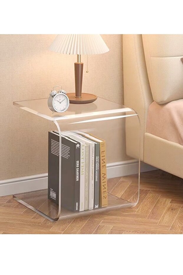 طاولة جانبية متعددة الأغراض على شكل حرف C بتصميم شفاف وطاولة قهوة أكريليك وطاولة وجبات خفيفة وطاولة بجانب السرير - 4