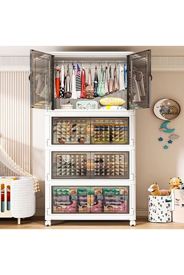 4-Tier Collapsible Stackable Plastic Storage Box with Wheels Foldable Double Door Closet Organizers