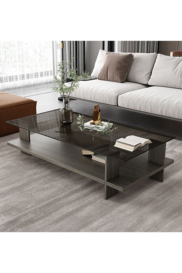 Multipurpose Use Classic Design Solid Wood Coffee Table Tempered Glass Tabletop Rectangular - 4