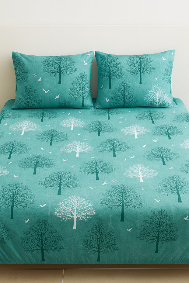 ملاءة مطاطية قطنية مزدوجة + 2 قطعة من أغطية الوسائد طقم سرير متين منقوش - 1