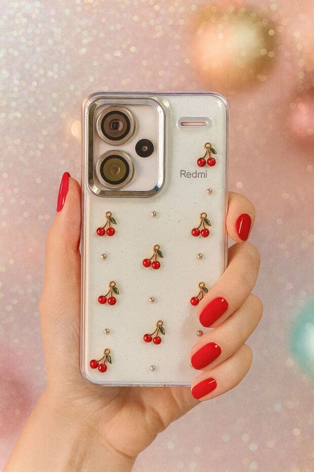 Xiaomi Redmi Note 13 Pro Plus 5g Case Cherry Pattern Transparent Case Silvery Glossy Cover