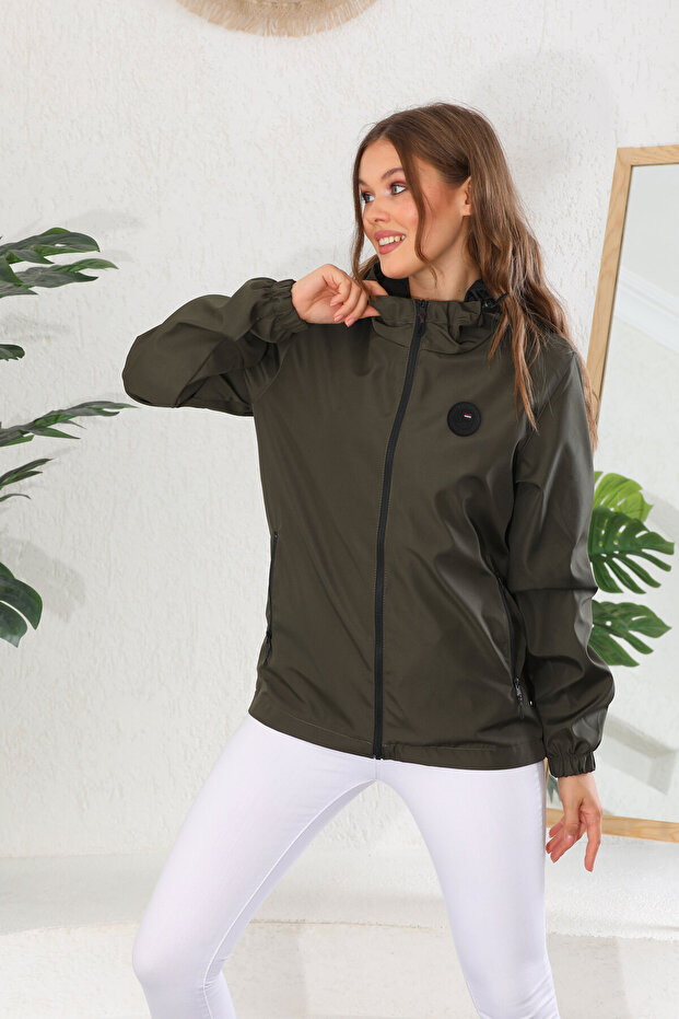 Women's Khaki Lined Windproof Hooded Pocket Raincoat