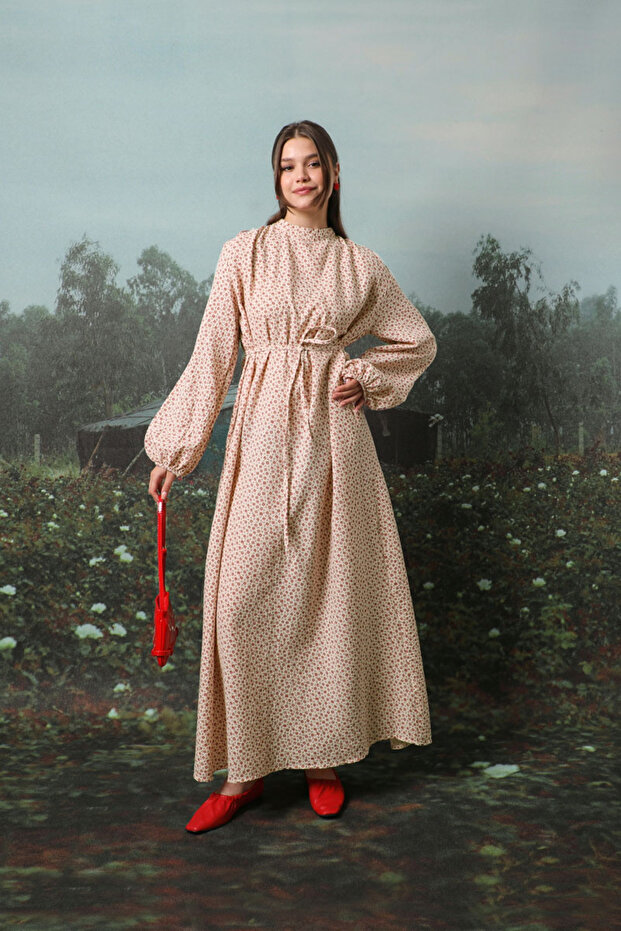 Çiçek Desenli Müslin Elbise Kırmızı - 5