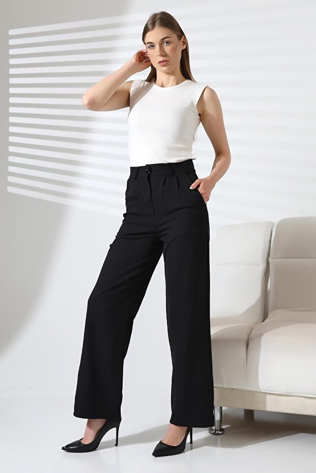 Black Crepe Fabric Palazzo Pants with Buttons and Pockets - 2