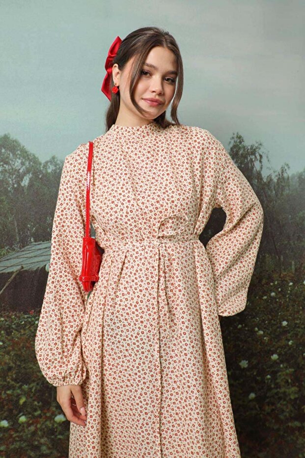 Çiçek Desenli Müslin Elbise Kırmızı - 7