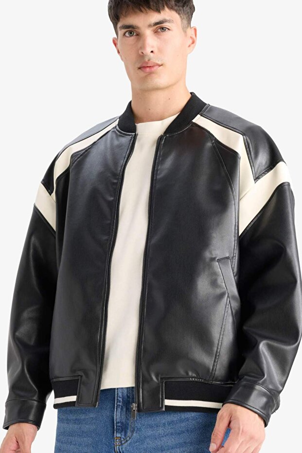 Water-repellent, regular fit, college collar, inner pocket detail, zippered bomber leather jacket/coat suitable for spring and winter.