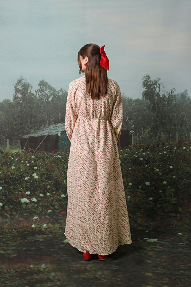 Çiçek Desenli Müslin Elbise Kırmızı - 3