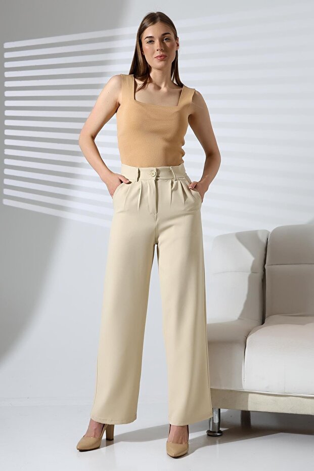 Cream Double Fabric Palazzo Trousers with Buttons and Pockets - 2