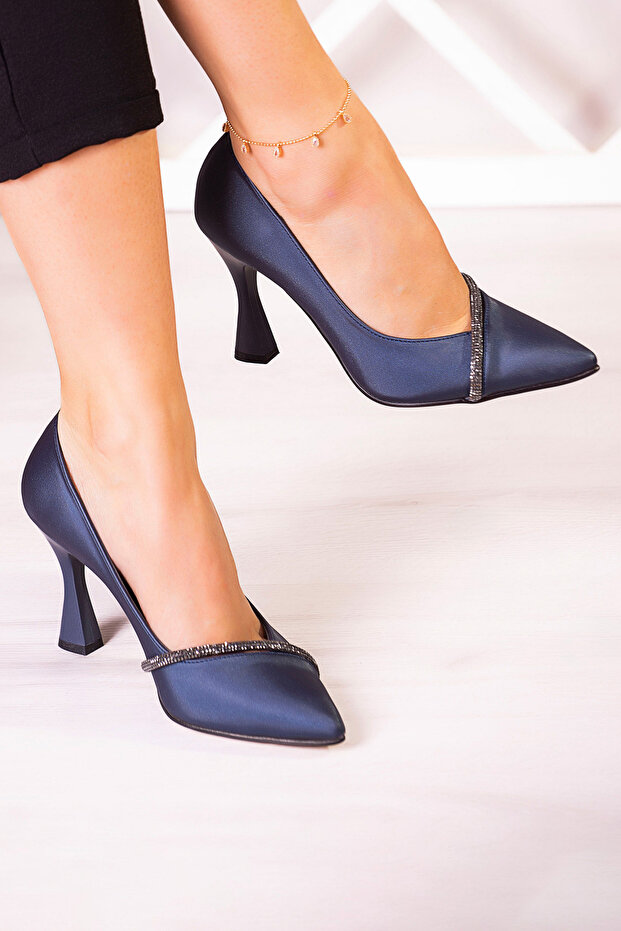 Roland Navy Blue Satin Stone Goblet Heeled Stiletto 9 Cm