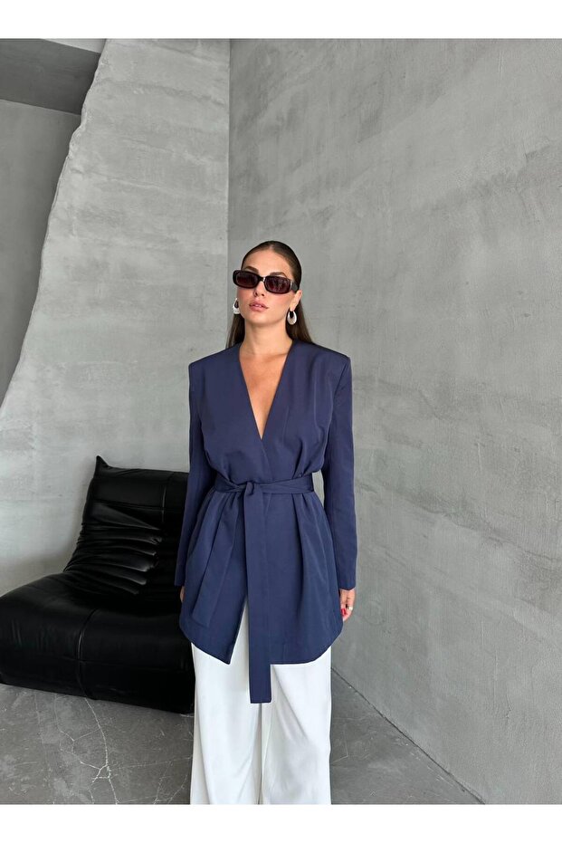 Navy Blue Elegant Belted Jacket - 7308