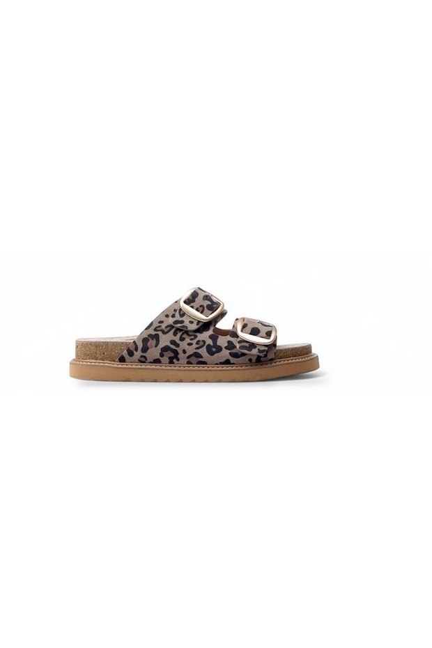 Women's Leather Buckle Slippers D25Yt-1445 Lx-Leopard - Tan - 40