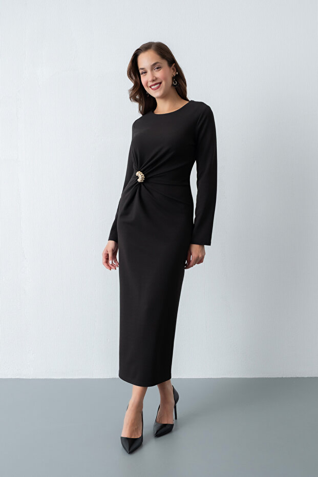 Women's Black Accessory Detailed Event Dress