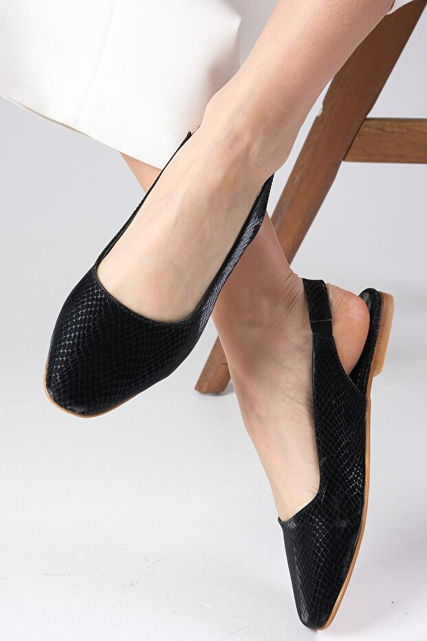 Ally Metallic Black Color Snakeskin Patterned Blunt Toe Open Back Women's Ballerinas