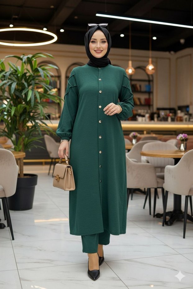 Ayça Takim Emerald Button Hijab Tunic Pants Set Aerobin Fabric Relaxed Fit