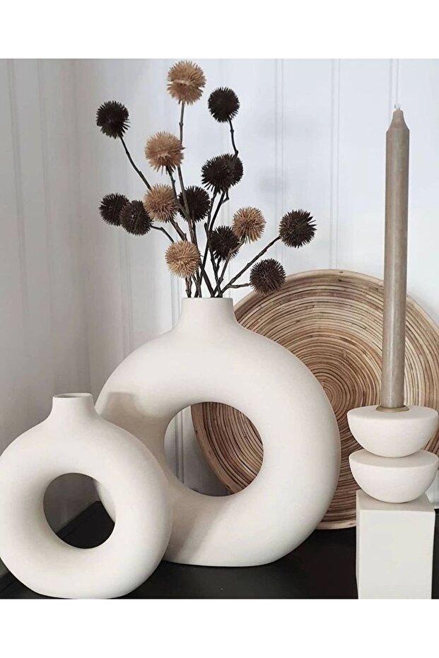 Bohem Ring Vase Set (LARGE 19X20CM, SMALL 14X15CM) Decorative, Gift, Raw White
