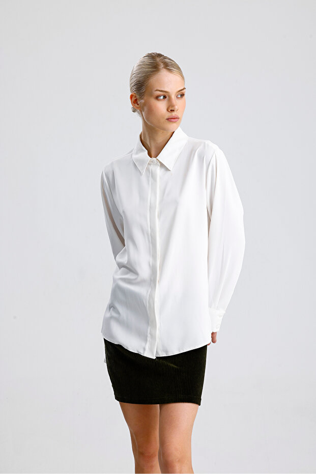 Dubai Fabric Long Sleeve Hidden Placket Women's Shirt | Gml36145 White