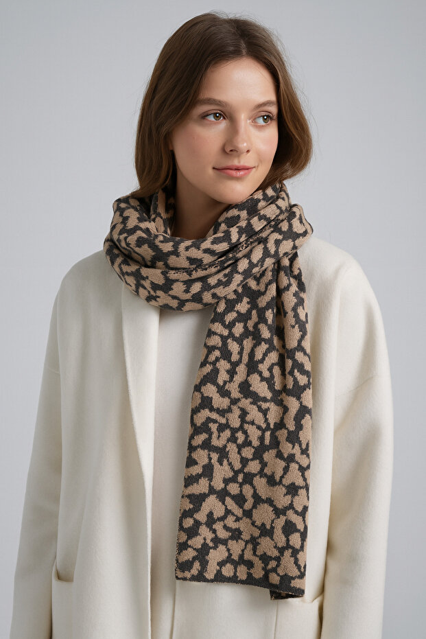Leopar Desenli Triko Atkı - 1