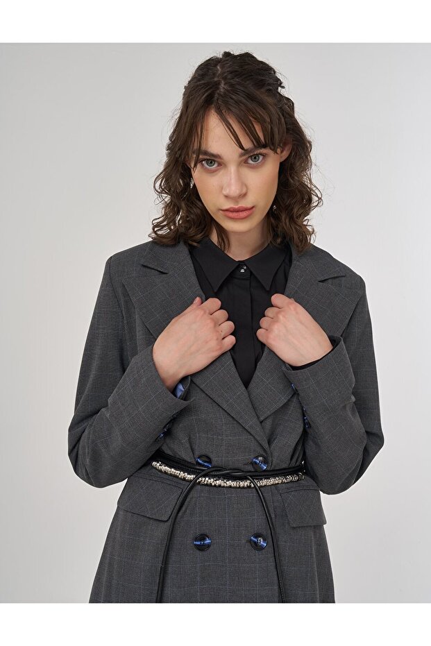 سترة منقوشة بحزام مزدوج الصدر من أنثراسايت - 7