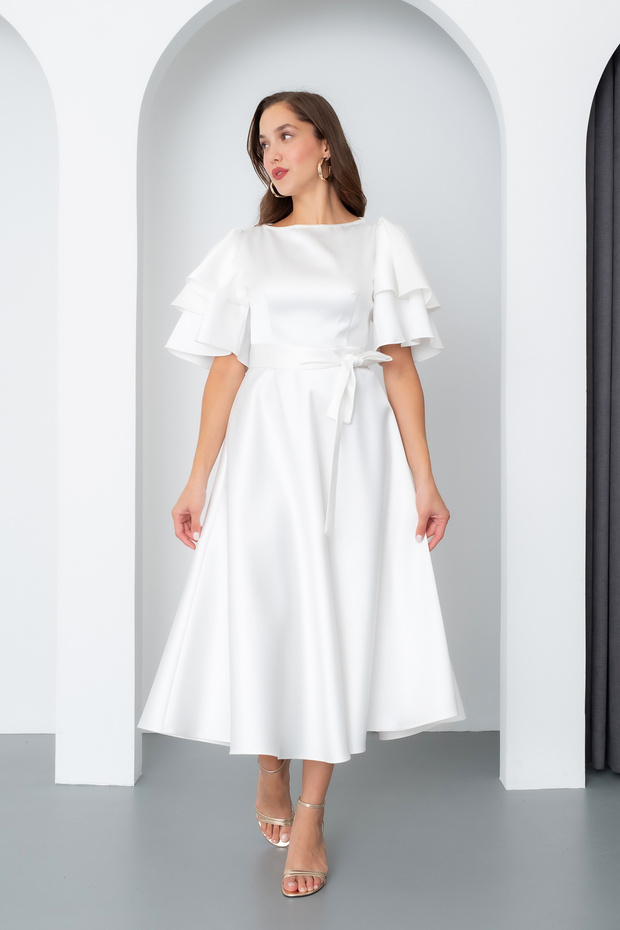 Women's White Short Sleeve Bow Midi Satin Dress