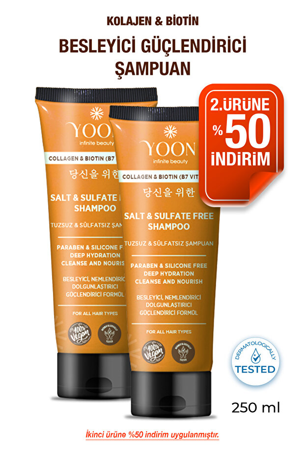 2'li Sülfatsız ve Tuzsuz Şampuan, Kolajen Biotin B7 İçerikli Parabensiz Vegan Şampuan 2 Adet x 250ml - 1