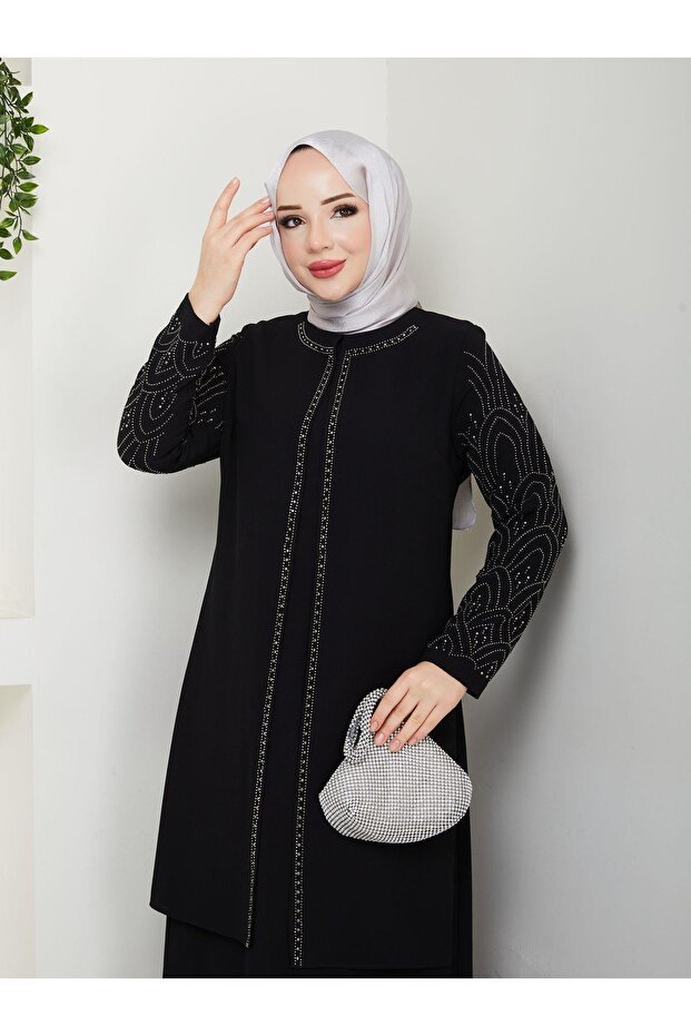 Plus size mother dress with stone sleeves