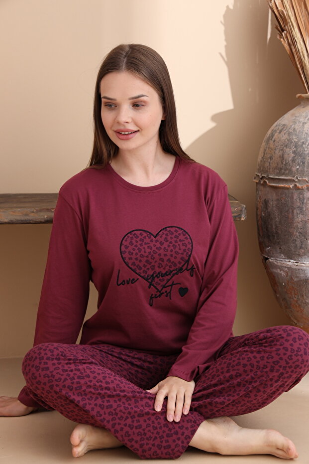Mulberry Leopard Printed Cotton Knit Long Sleeve Women's Pajama Set