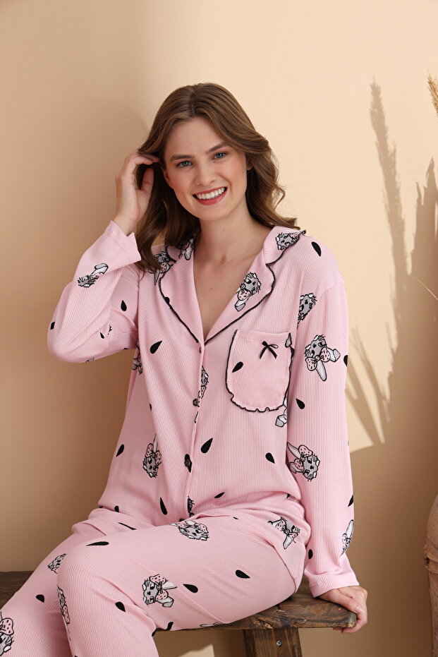 Rabbit Pattern Cares Knitted Lycra Long Sleeve Women's Buttoned Pajama Set