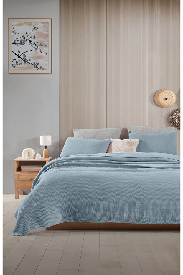 Blue XL Single Without Fringe 180 X 240cm Bedspread Pique/1 Piece 50X70Cm Pillow 4 Layer 100% Cotton