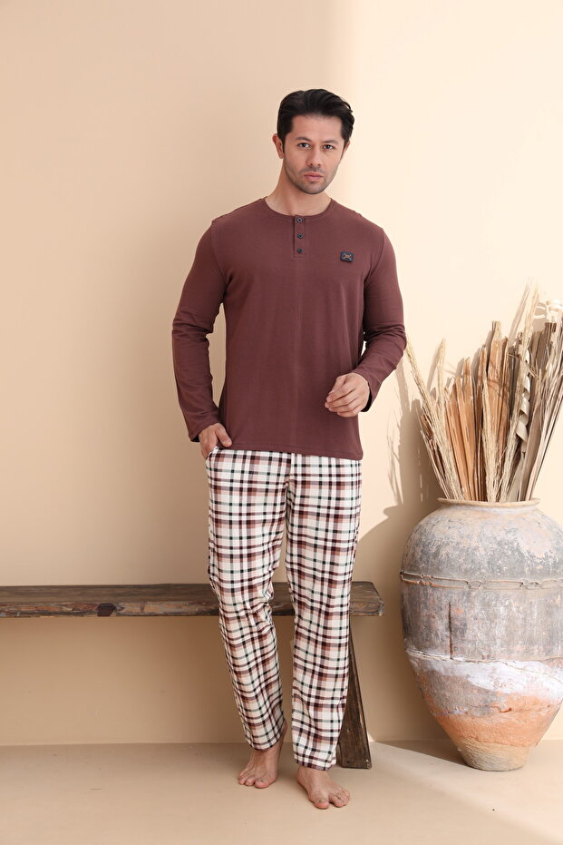 Kahve Ekose Desen Düğmeli Uzun Kol Erkek Pijama Takımı - 3