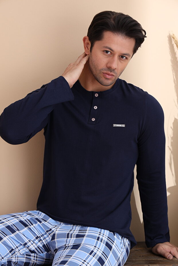 Lacivert Ekose Desen Düğmeli Uzun Kol Erkek Pijama Takımı - 1