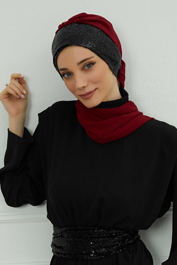 Chiffon Ready-To-Wear Turban with Scarf and Sequin Accessories, Ht-54P, Burgundy - Black
