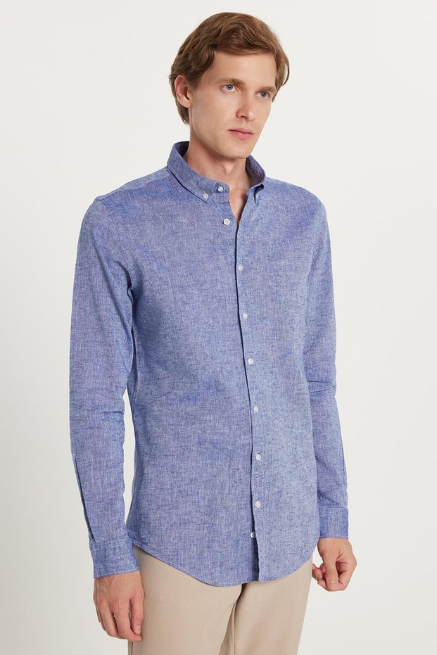 Men's Slim Fit Slim Fit Long Sleeve Linen Premium Series Buttoned Lapel Sports Navy Blue Shirt
