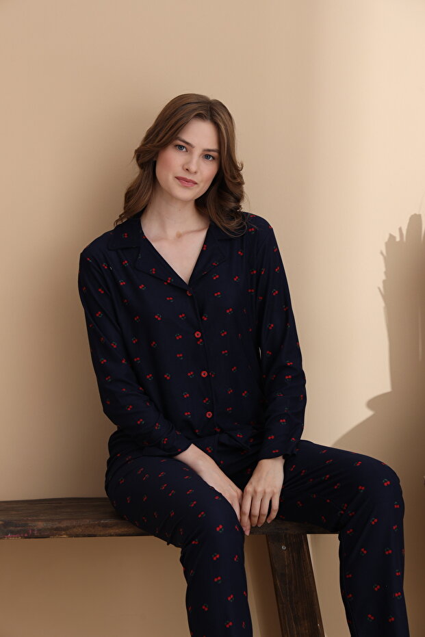 Cherry Pattern Suede Knitted Long Sleeve Women's Buttoned Pajama Set
