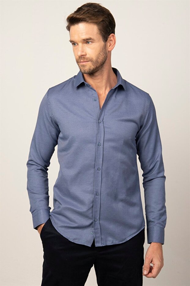 Modern Slim Fit Long Sleeve Cotton Easy-Iron Dobby Men's Navy Blue Shirt