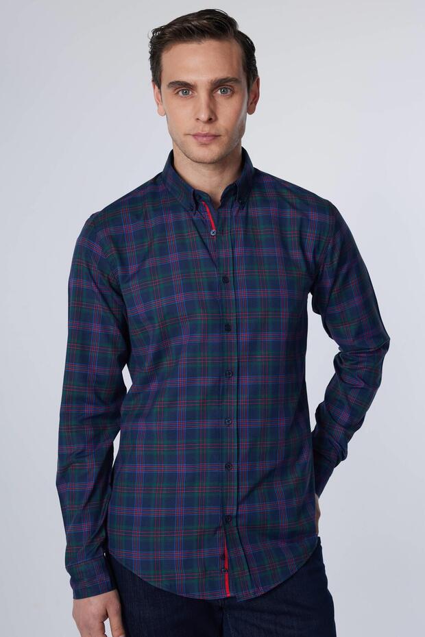 Men's Slim Fit Slim Cut Long Sleeve Cotton Easy-Iron Checkered Button-Down Collar Shirt