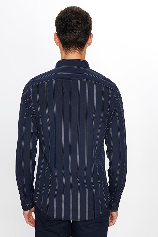 Erkek Slım Fıt Dar Kesim Uzun Kollu Pamuklu Kolay Ütü Çizgili Lacivert Düğmeli Yaka Gömlek - 5