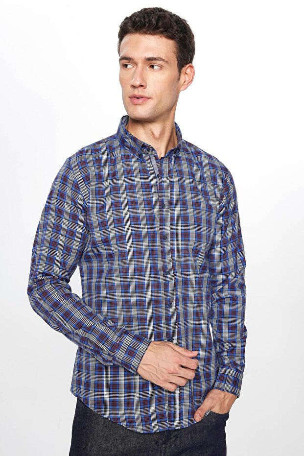 Men's Slim Fit Slim Cut Long Sleeve Cotton Easy-Iron Checkered Button-Down Collar Shirt