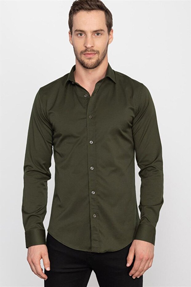 Slim Fit Long Sleeve Lycra Plain Cotton Satin Men's Khaki Shirt