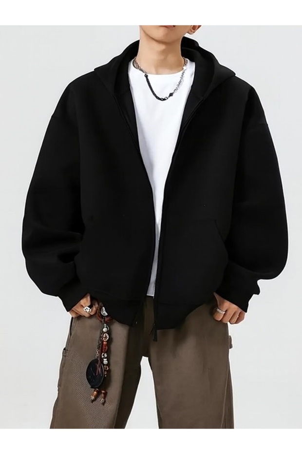 Men's Black Oversize Zip-Up Hoodie - Streetwear Hooded Cardigan
