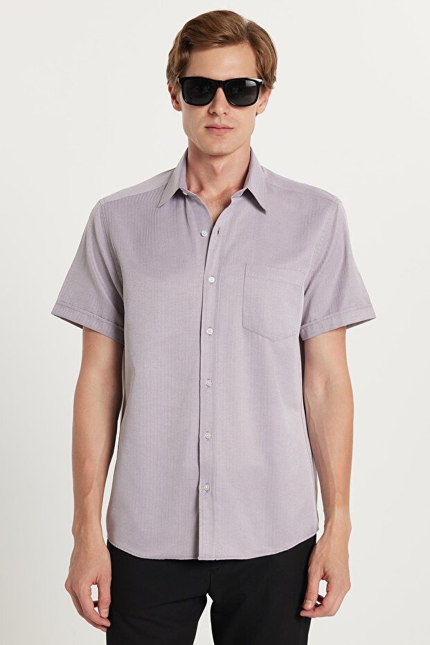Men's Regular Fit Classic Cut Short Sleeve Cotton Single Pocket Dobby Gray Shirt